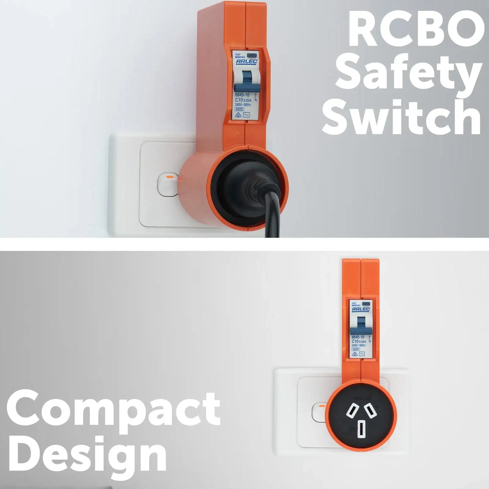 Arlec RCBO safety switch plugged into wall socket, compact orange design, electrical safety device