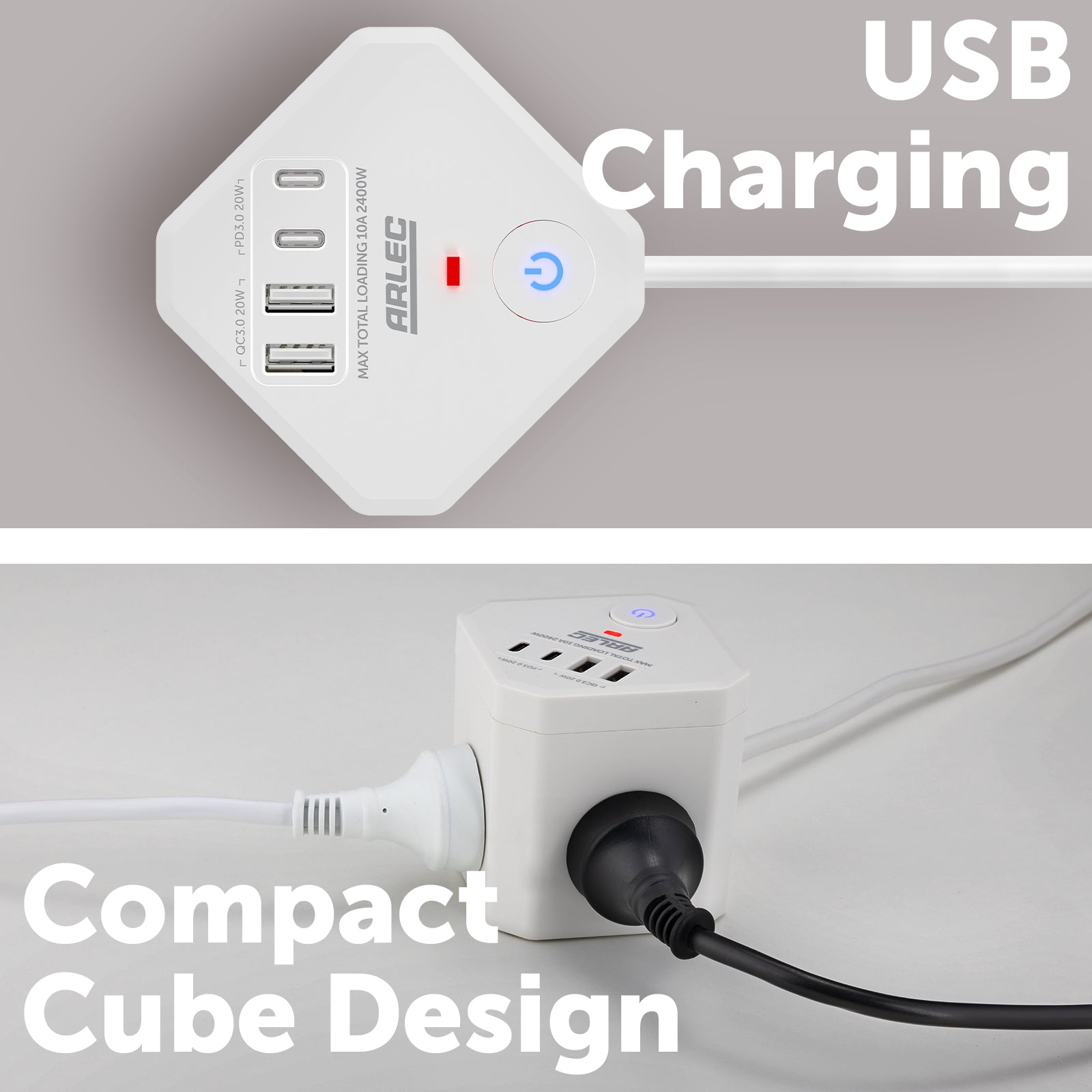 Arlec 4-Outlet Power Cube With PD20W USB-2A+2C