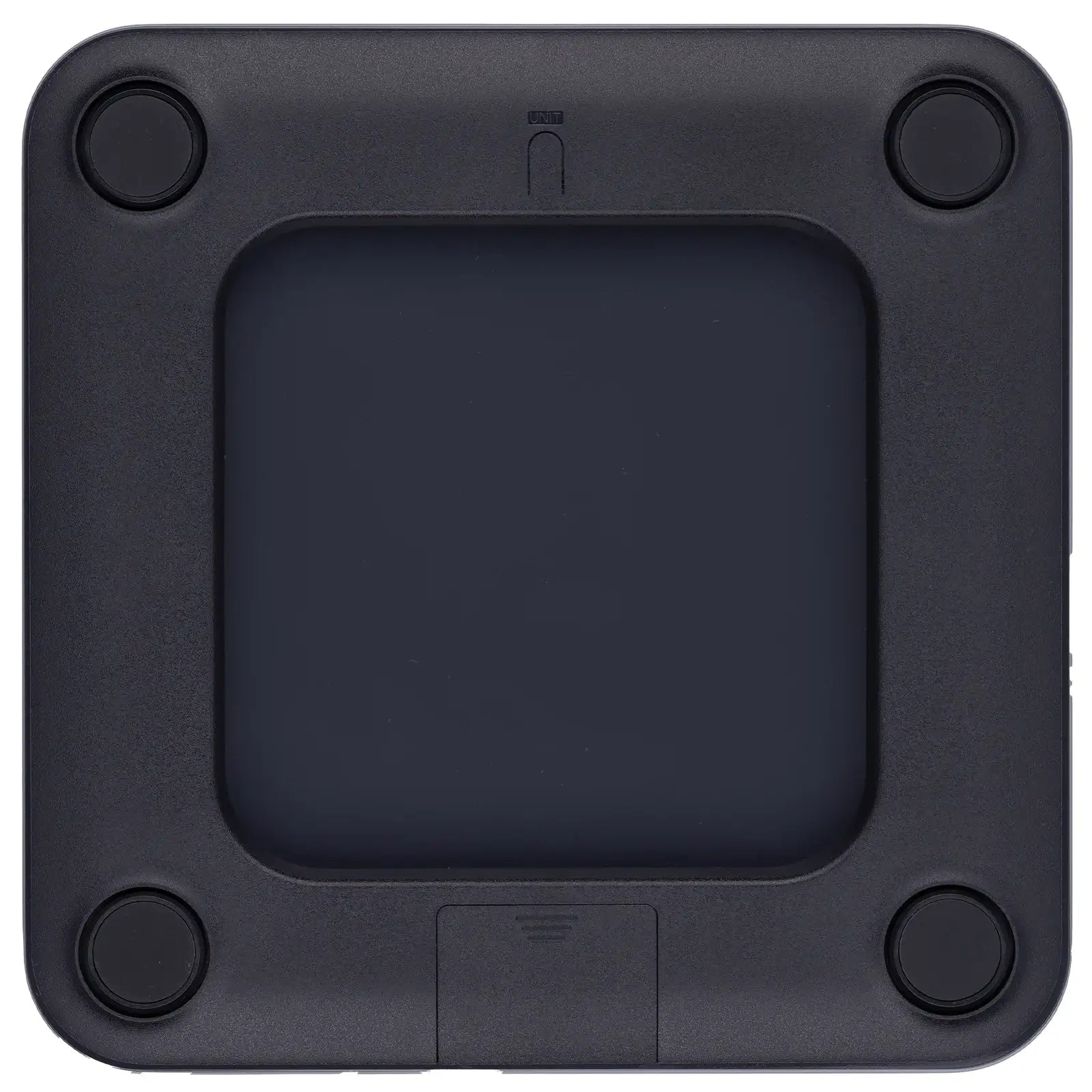 Black square digital scale with rounded corners and four circular foot pads