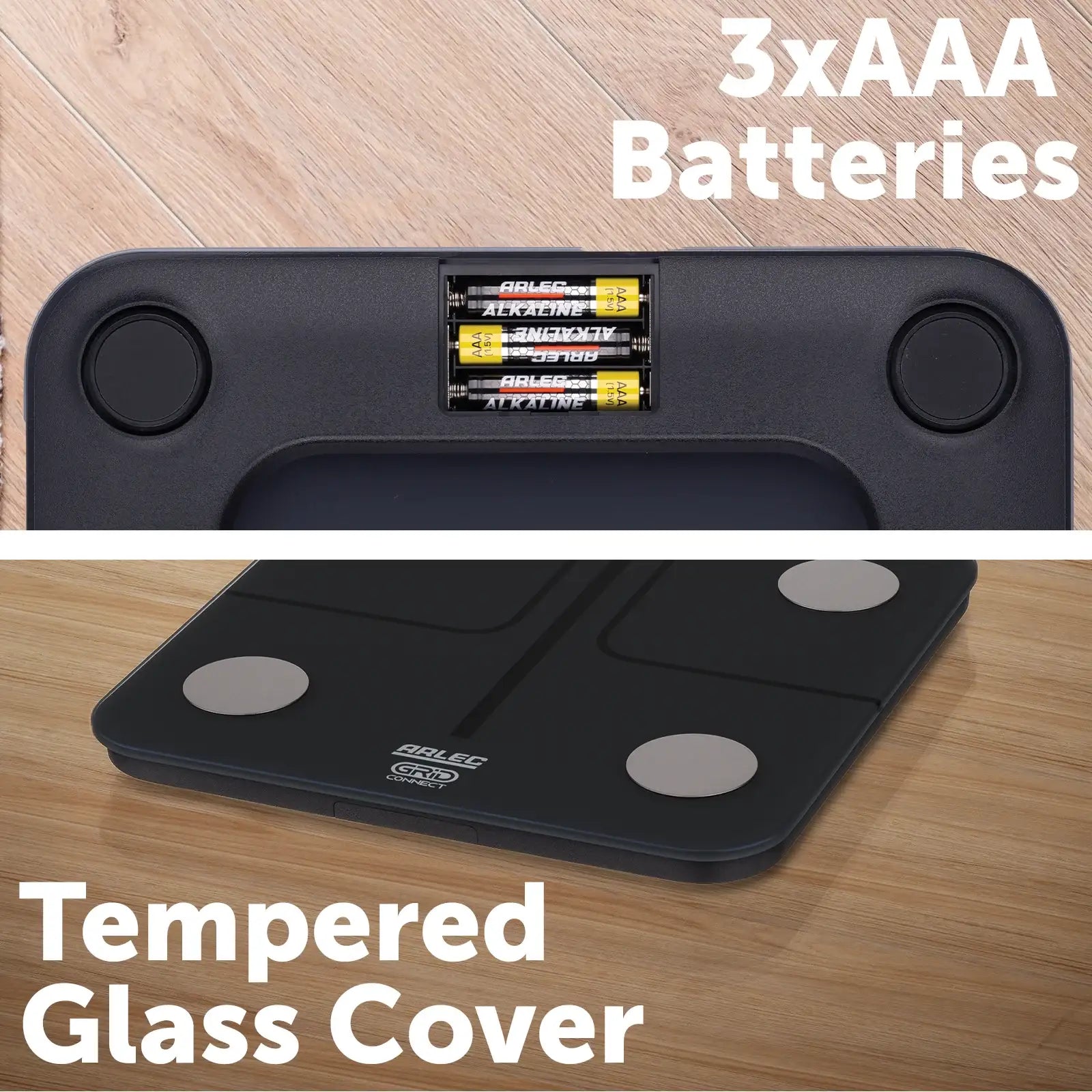 Digital bathroom scale with 3 AAA batteries and tempered glass cover on wood floor