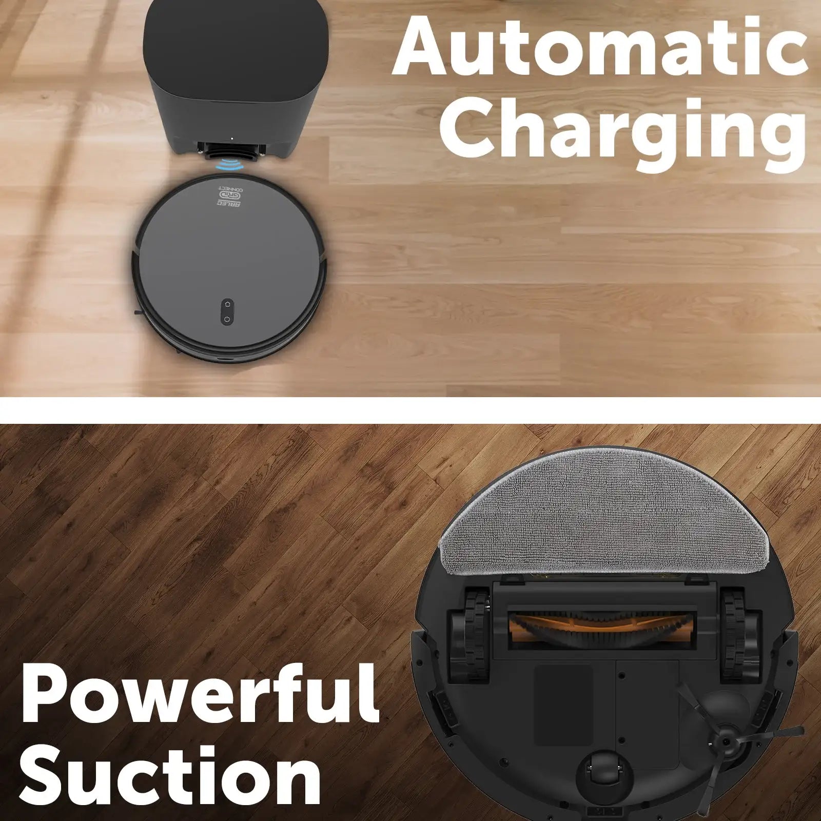 Robot vacuum on hardwood floor with automatic charging station and powerful suction feature.