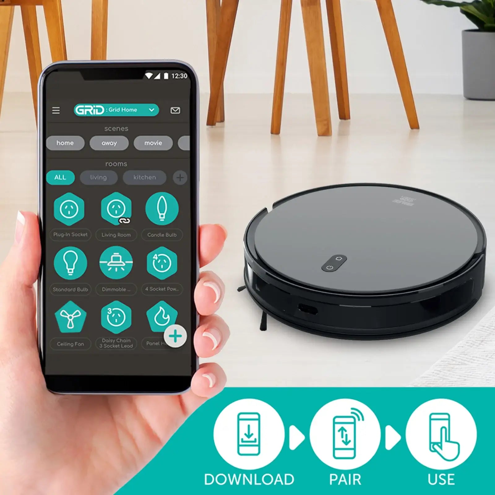Hand holding smartphone controlling smart robot vacuum cleaner on light wood floor in modern home