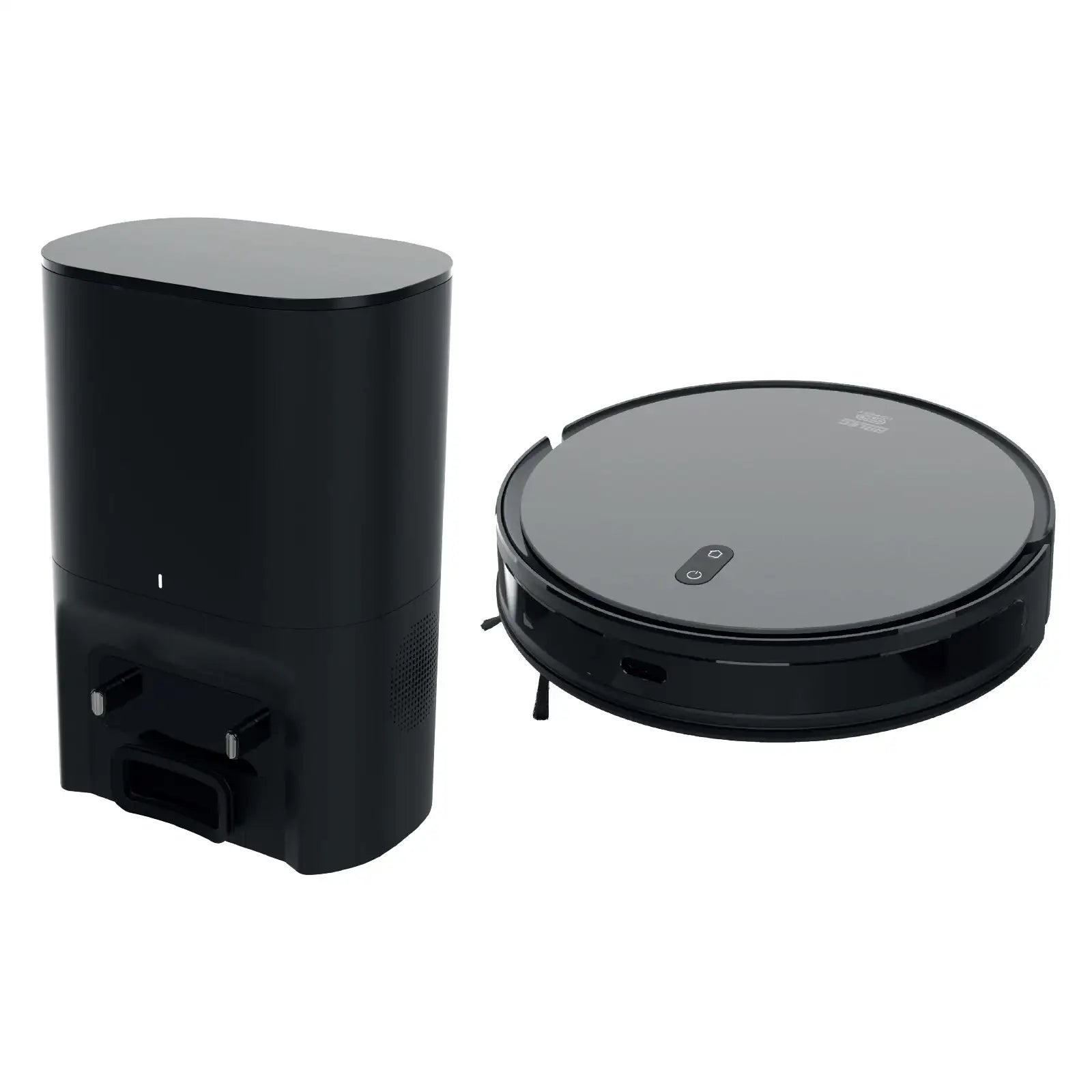 Black robot vacuum cleaner with round body and sleek charging station on white background