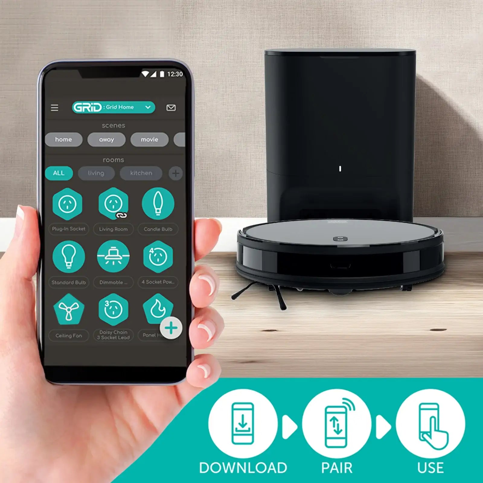 Hand holding smartphone with smart home app near black robot vacuum cleaner and charging dock