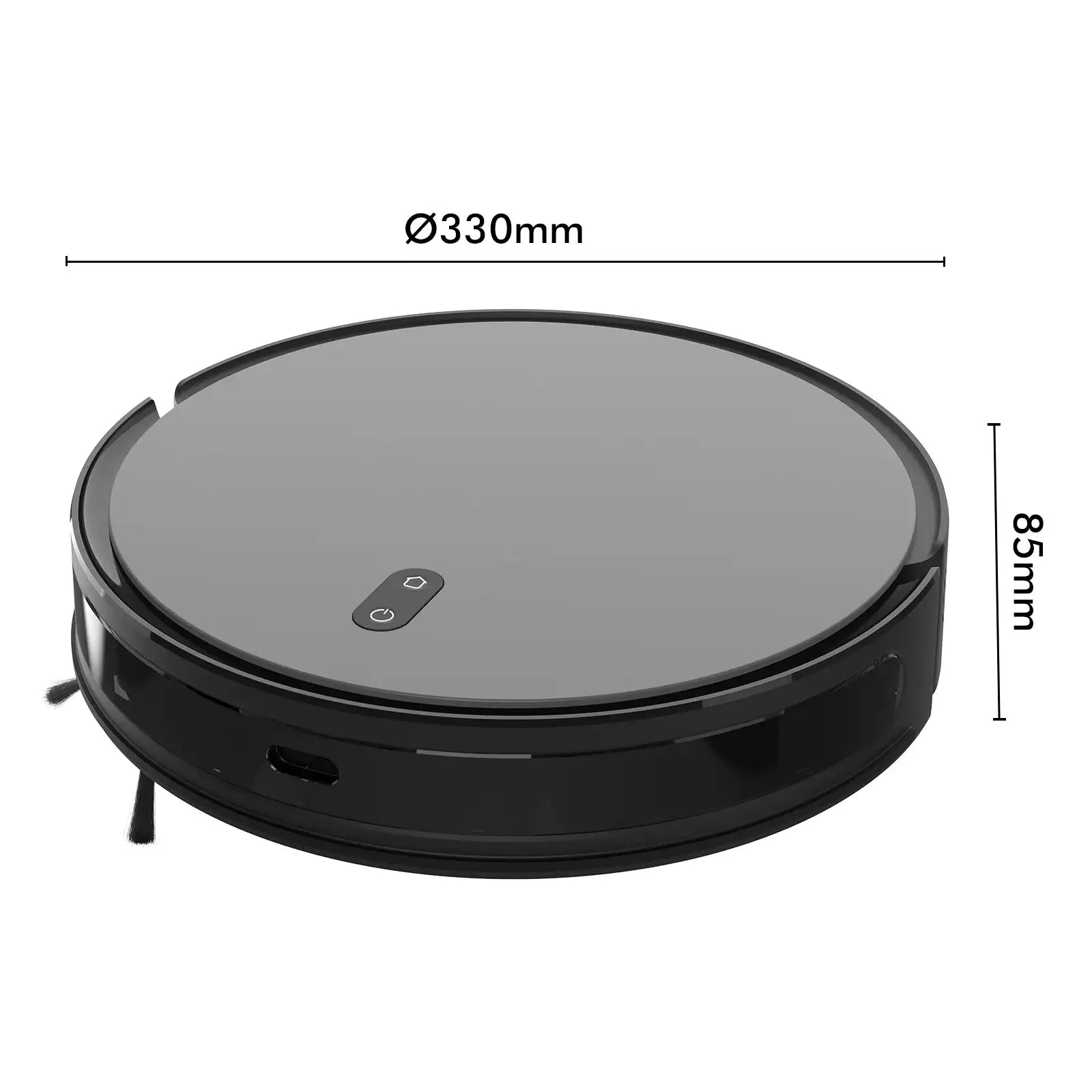 Black robotic vacuum cleaner with touch buttons, 330mm diameter, 85mm height