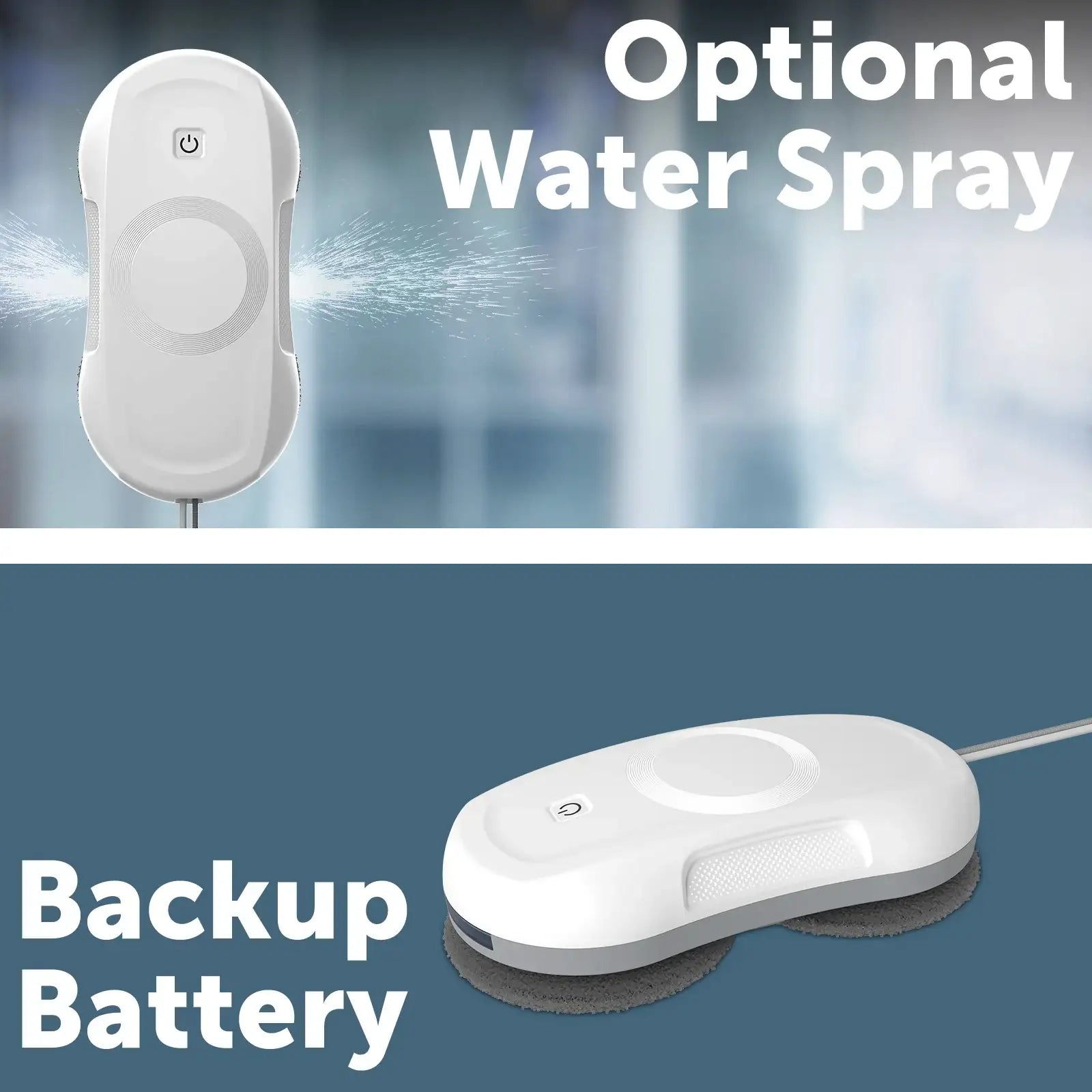 White robotic window cleaner with optional water spray and backup battery feature