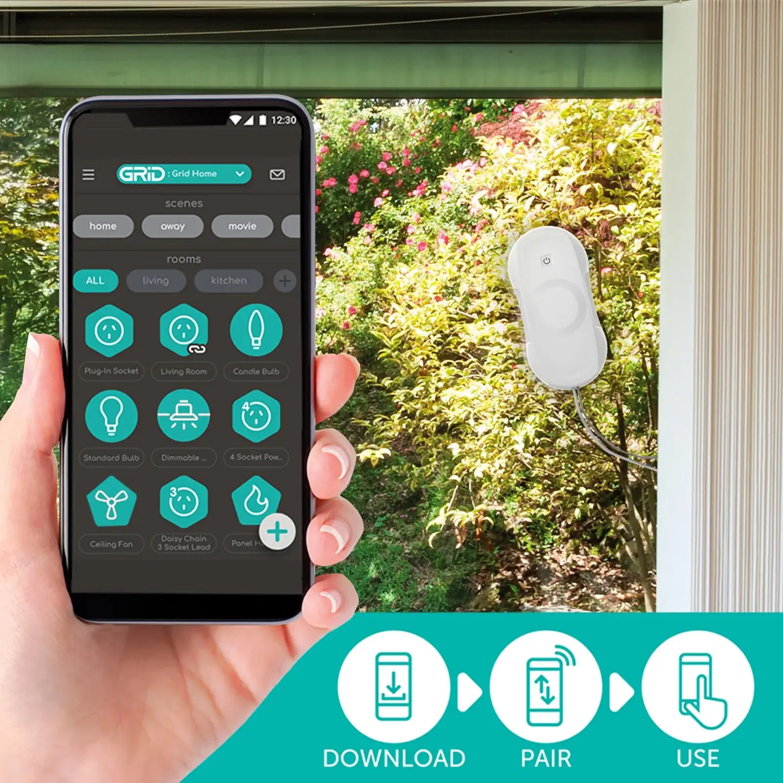 Hand holding smartphone with smart home app, controlling outdoor smart switch by window