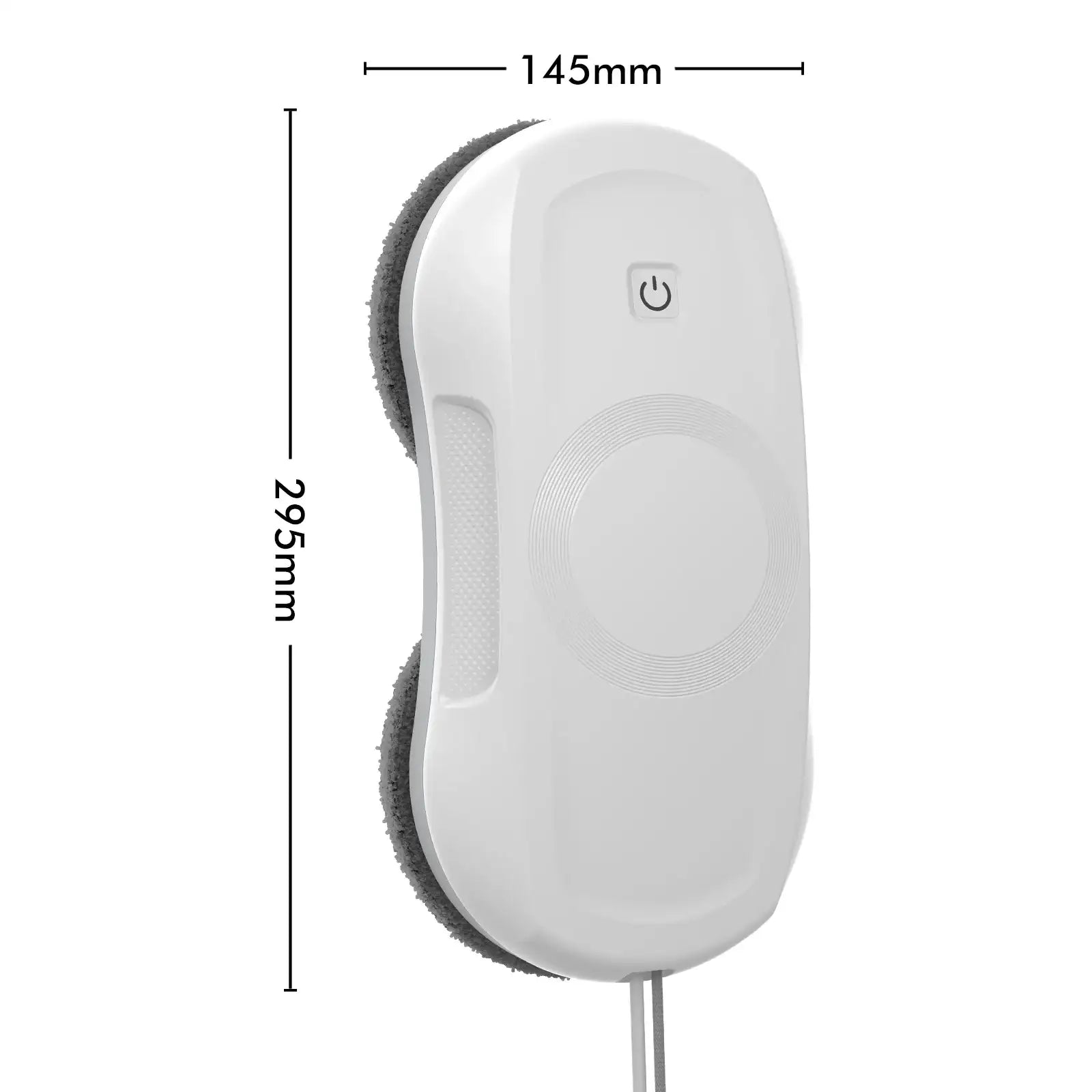 White window cleaning robot with power button, shown with 145mm by 295mm size dimensions.