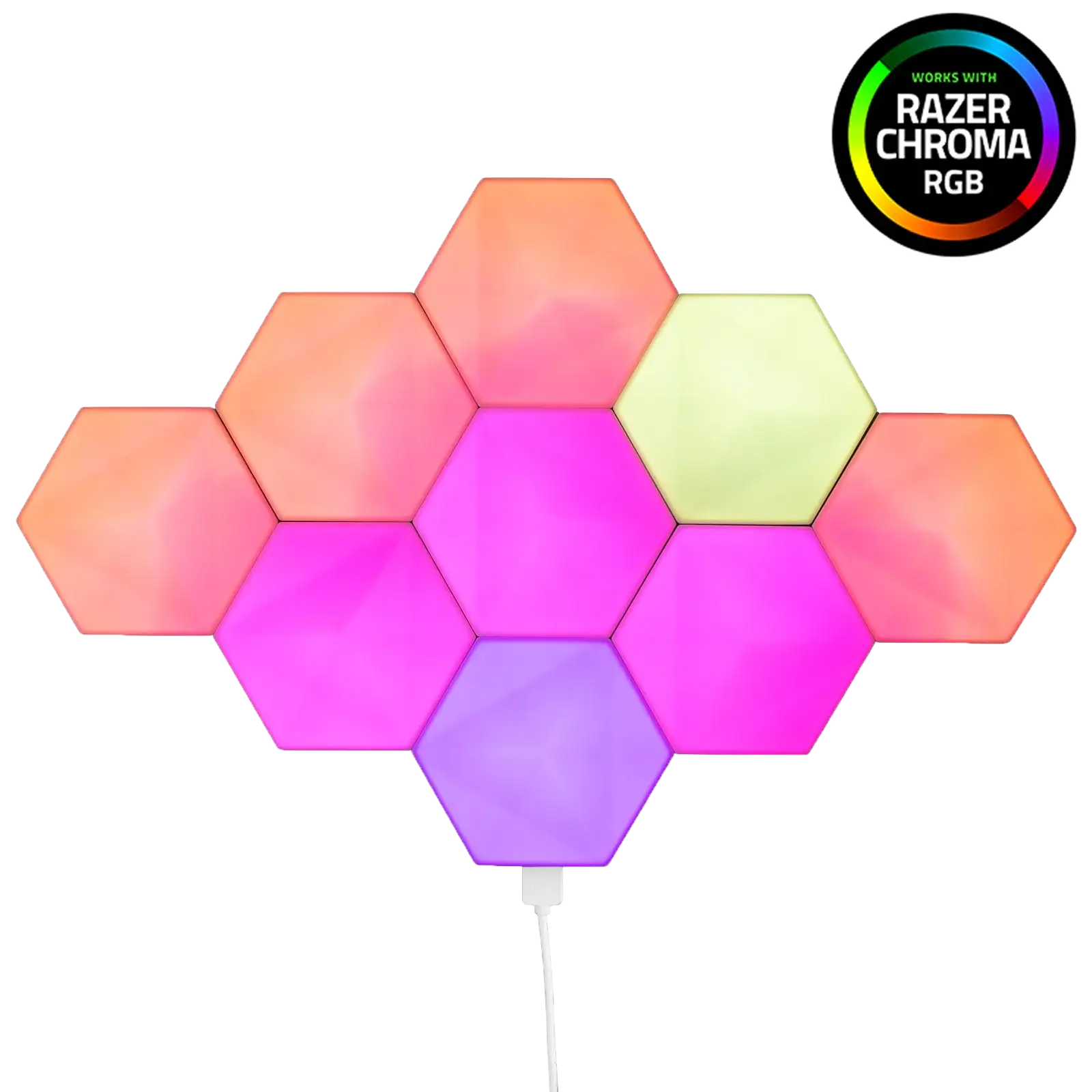 Hexagonal RGB LED wall lights with gradient colors, compatible with Razer Chroma RGB