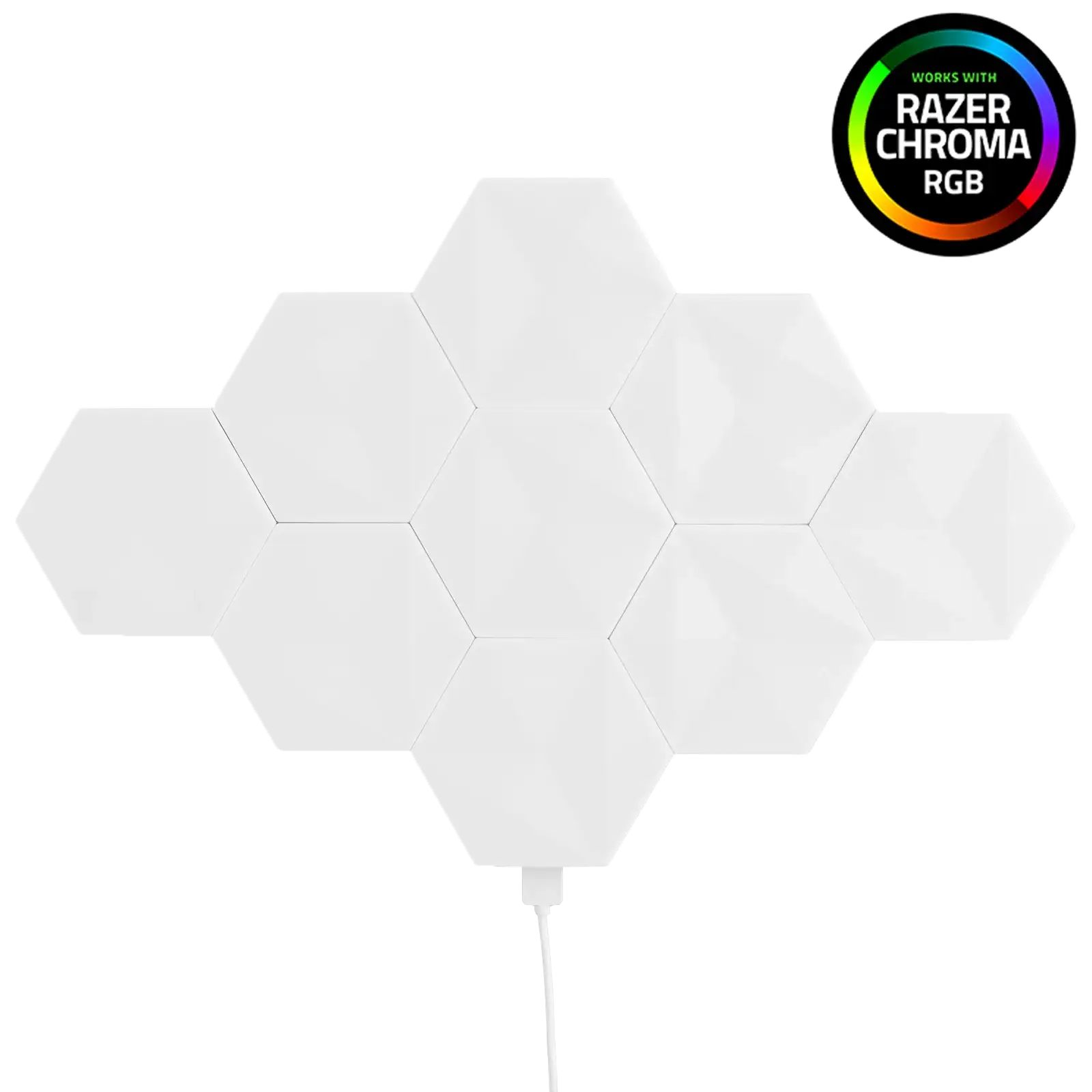 Hexagonal white LED light panels compatible with Razer Chroma RGB on white background