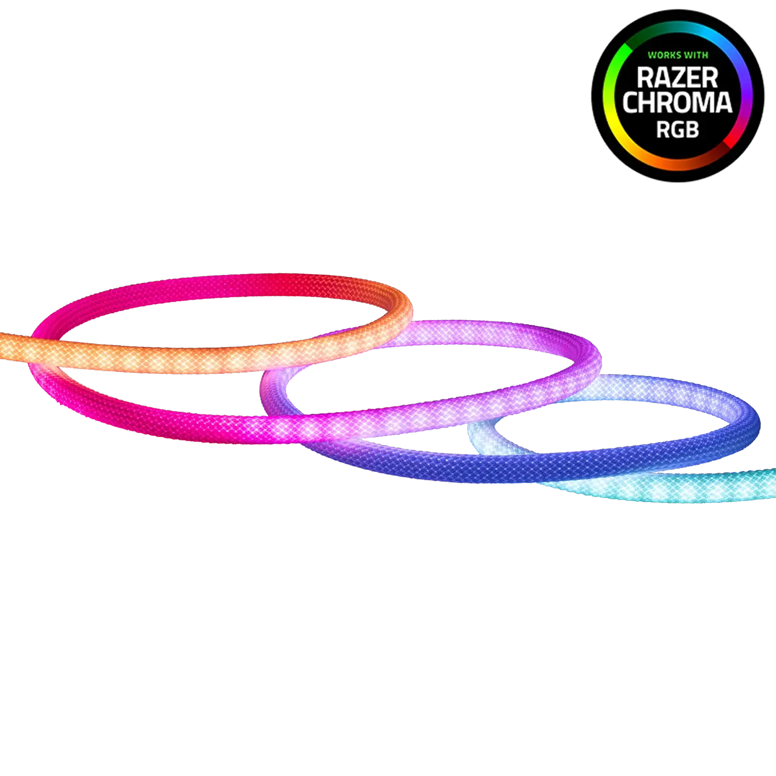 RGB LED light strips in pink, purple, and blue, Razer Chroma RGB compatible badge