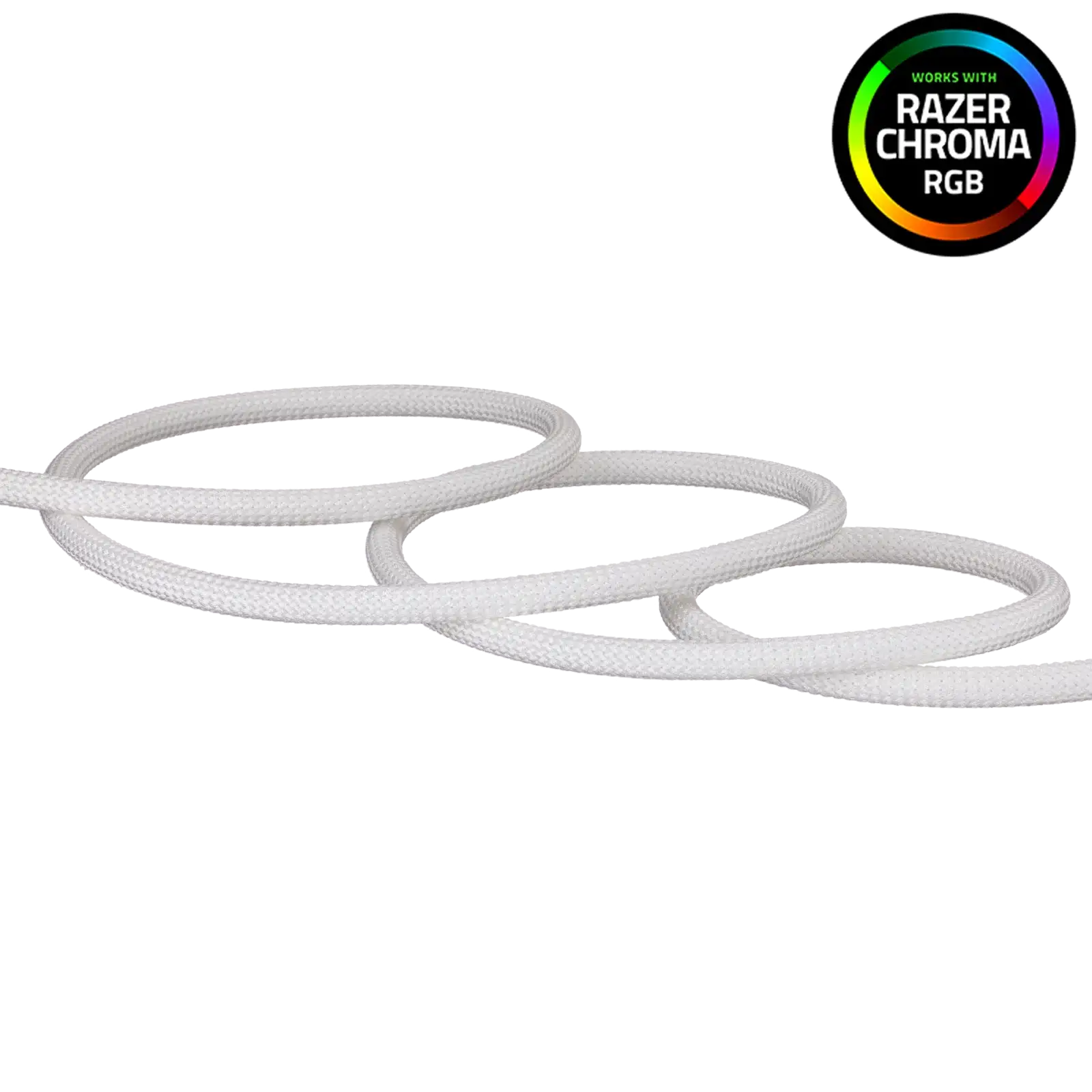 White braided RGB extension cable, works with Razer Chroma RGB, on white background