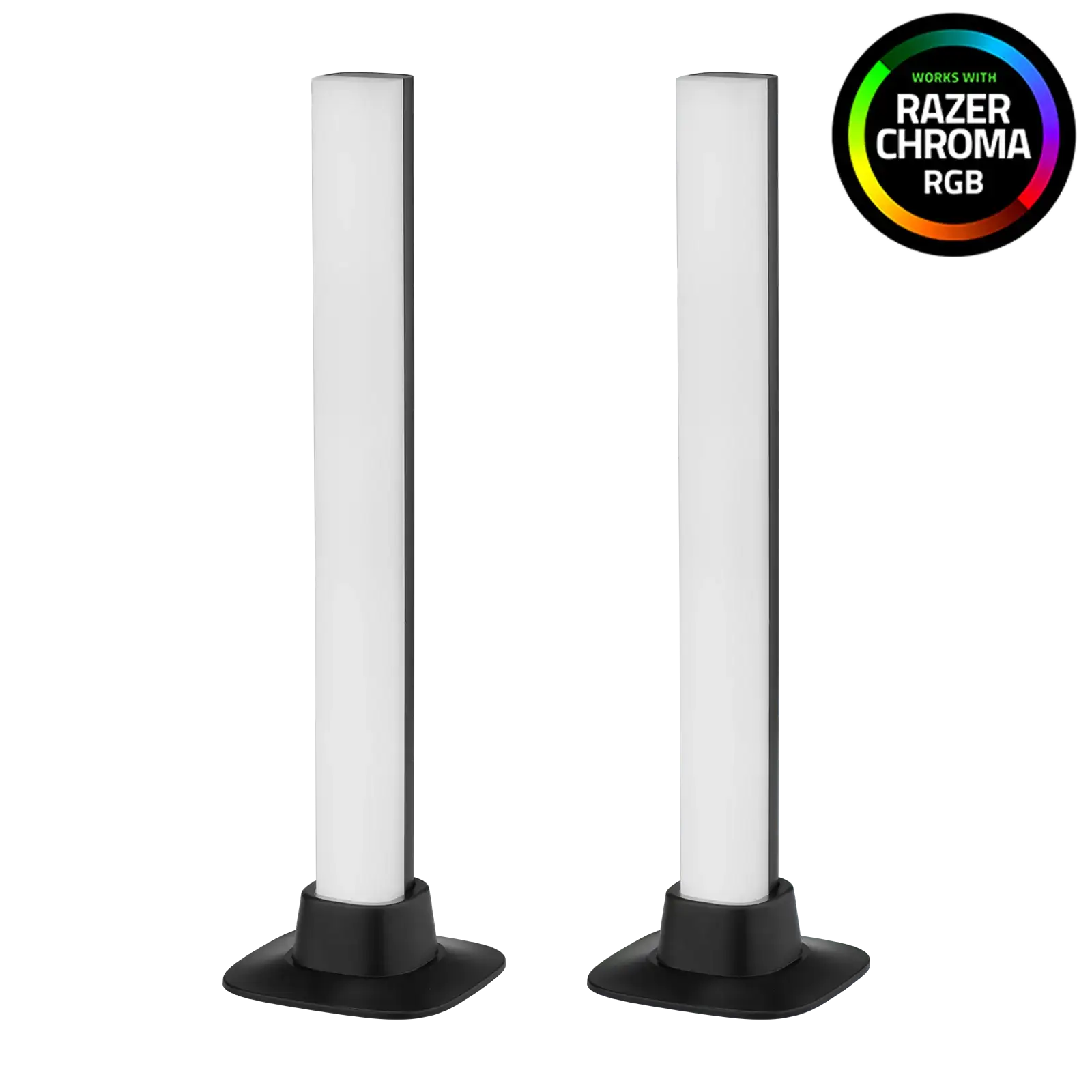 Pair of vertical RGB LED light bars with black bases, Razer Chroma RGB compatible badge