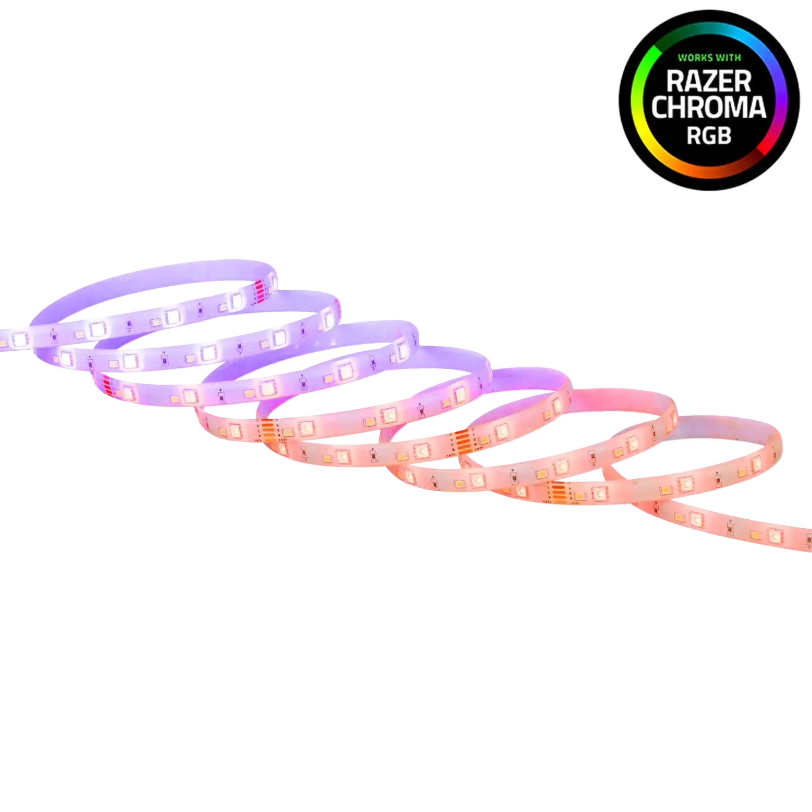 RGB LED light strips glowing in pink and purple, Razer Chroma RGB compatible logo