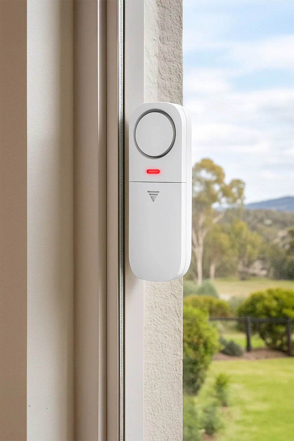 White window alarm device with red indicator light installed on a glass window, outdoor view