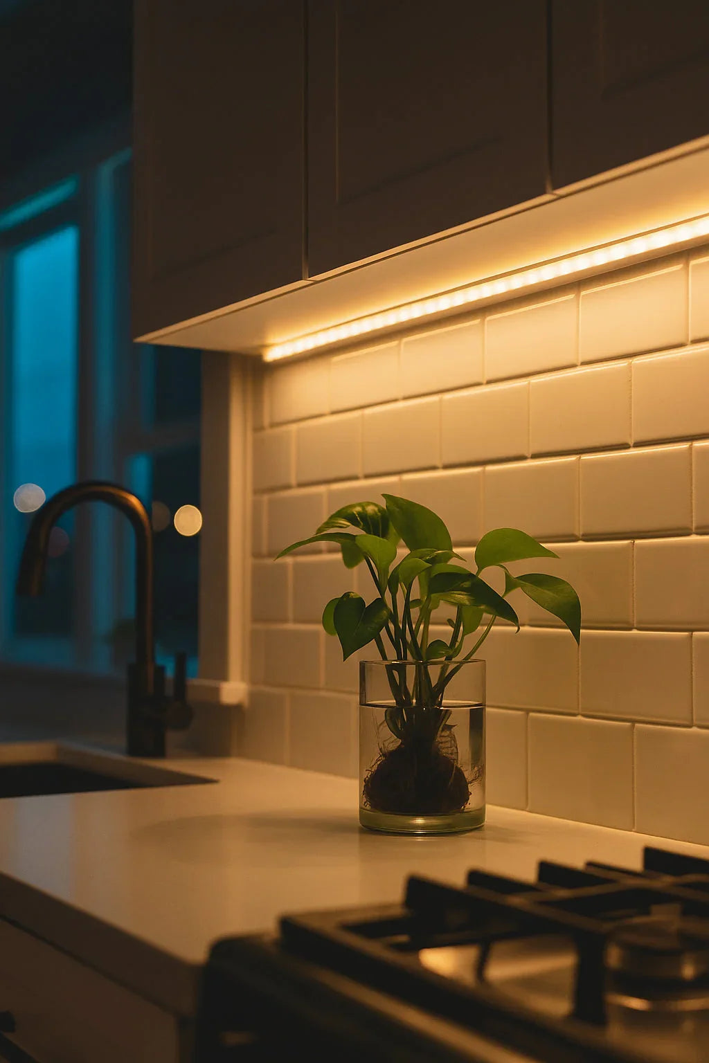 Under cabinet LED lighting in modern kitchen with plant on countertop and white subway tiles