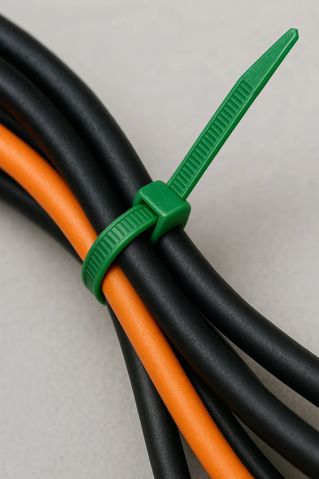 Cable management with black and orange wires secured by a green zip tie on a gray surface.