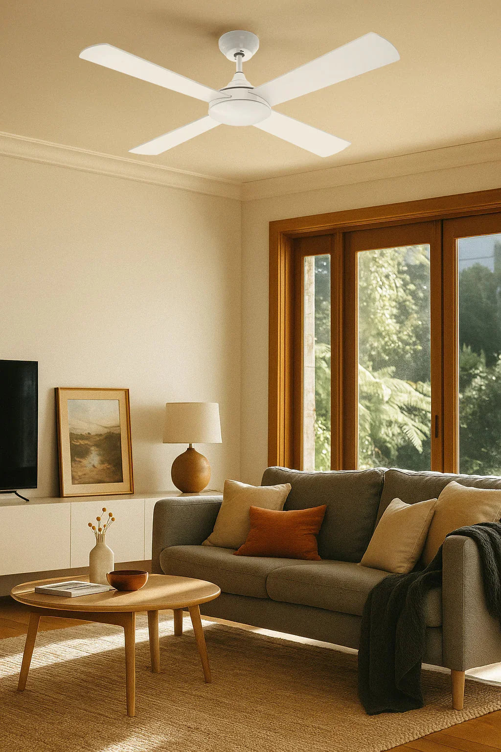Modern white ceiling fan in cozy living room with gray sofa, wooden table, and large windows
