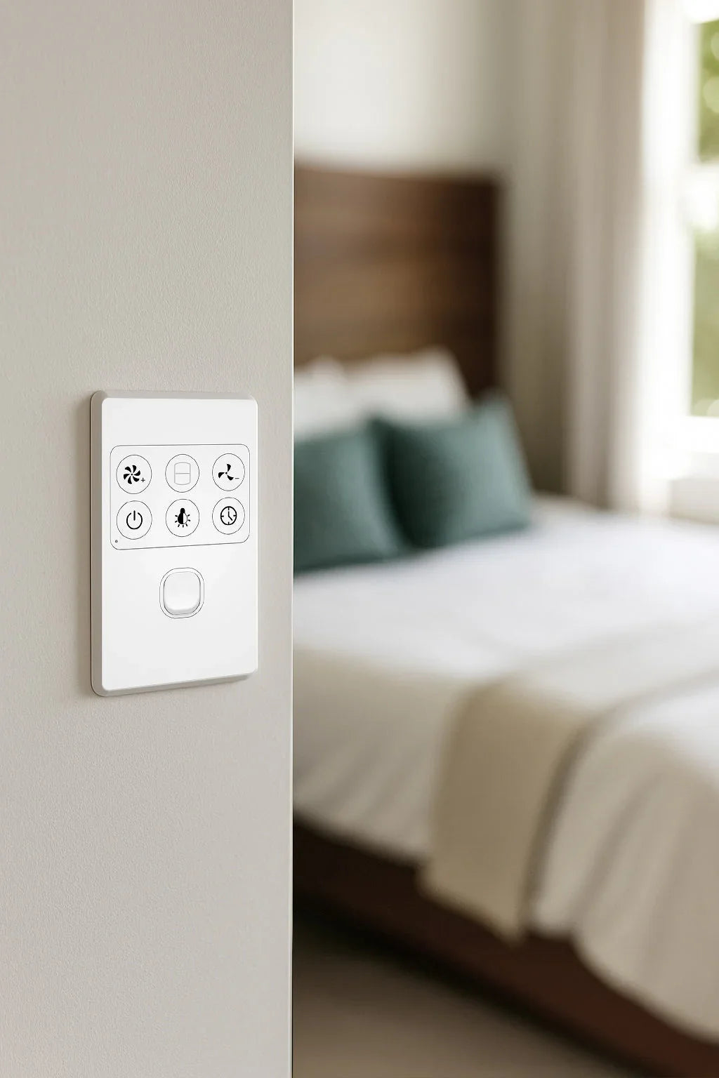 Modern ceiling fan wall control switch in bedroom with bed and pillows blurred in background