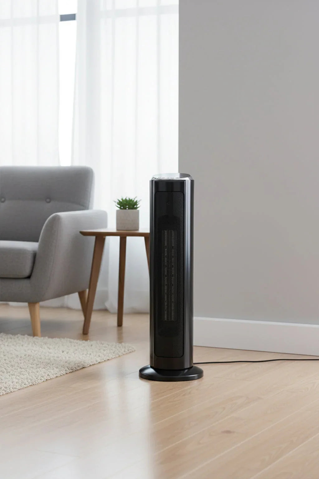 Black ceramic heater in modern living room with wooden floor and grey armchair