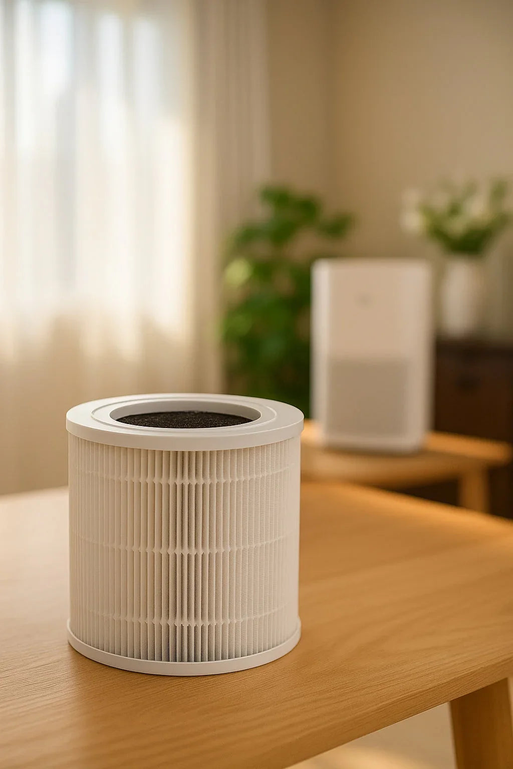 Air purifier filter cartridge on a wooden table in a bright, modern living room