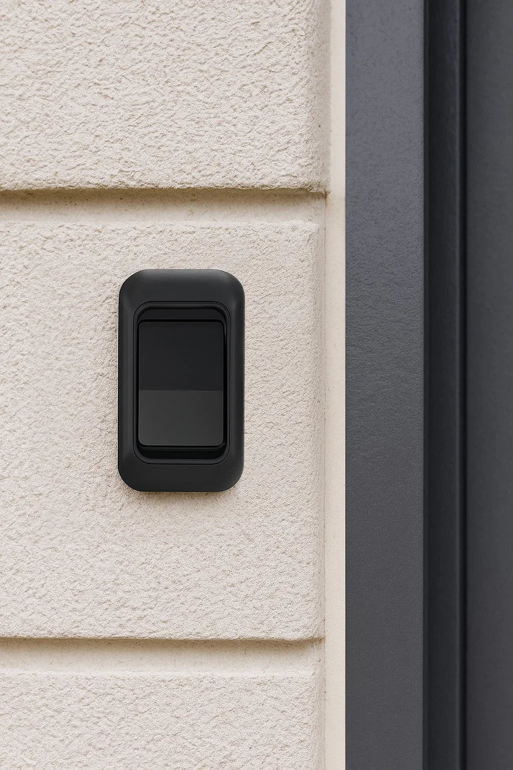Modern black wireless door chime button on textured beige exterior wall