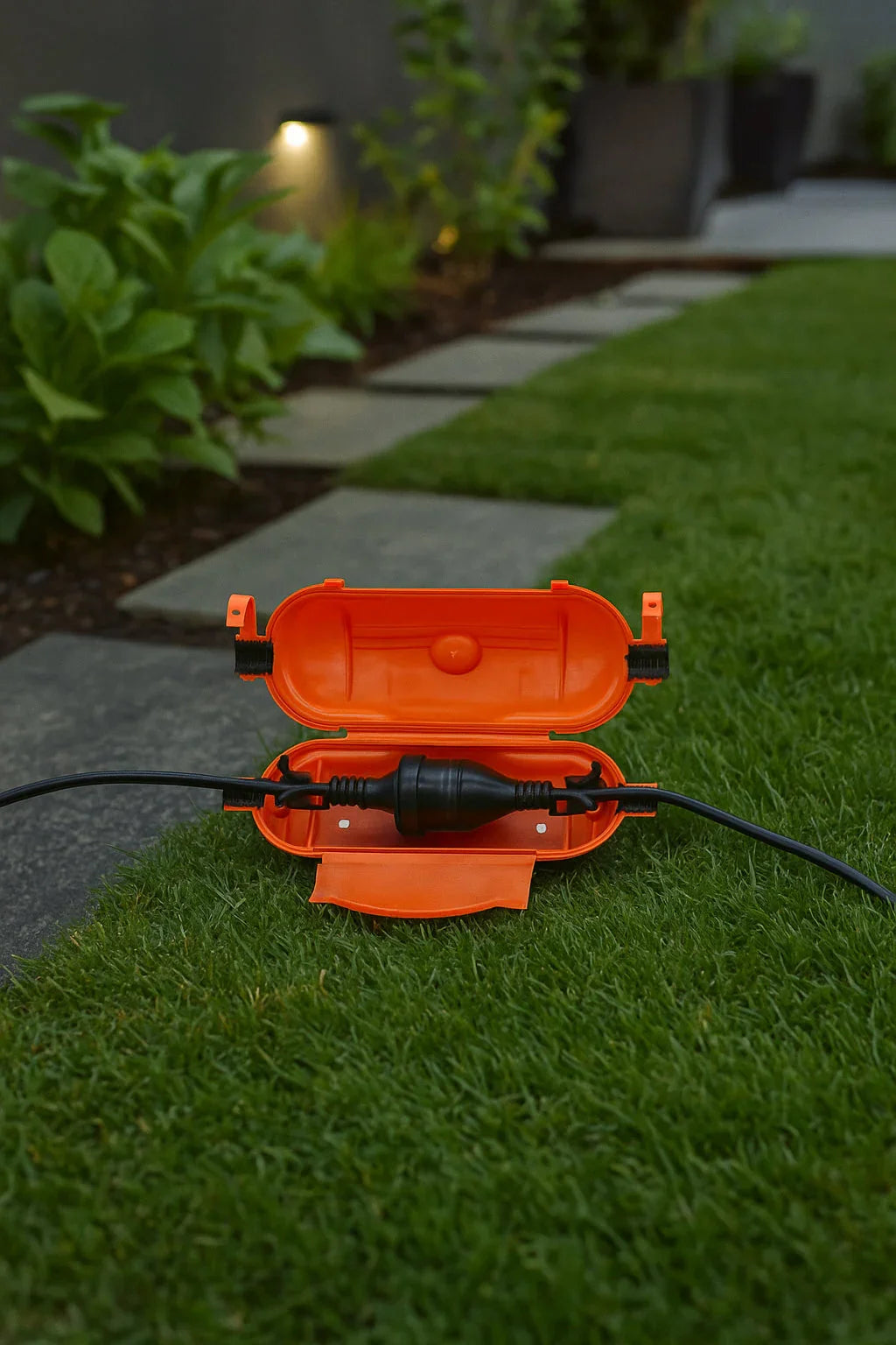 Outdoor orange electrical enclosure box protecting cable connection on grass near garden path