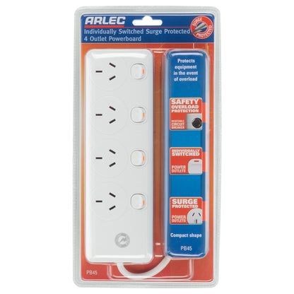 Arlec 4 Outlet 4 Switch Surge Powerboard – extension powerboard with switches, surge protection, Australia