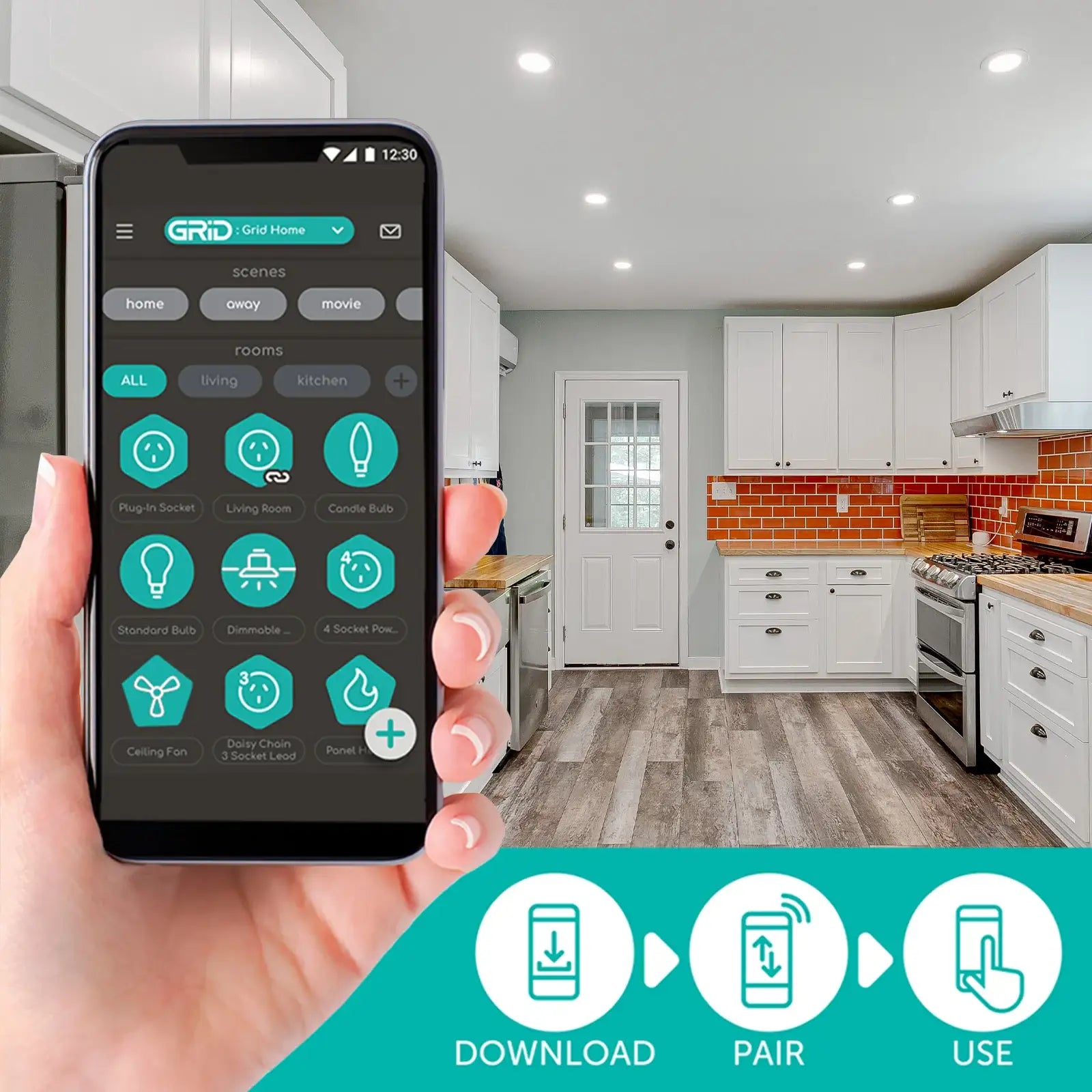 Hand holding smartphone with smart home app in modern kitchen with white cabinets and orange backsplash