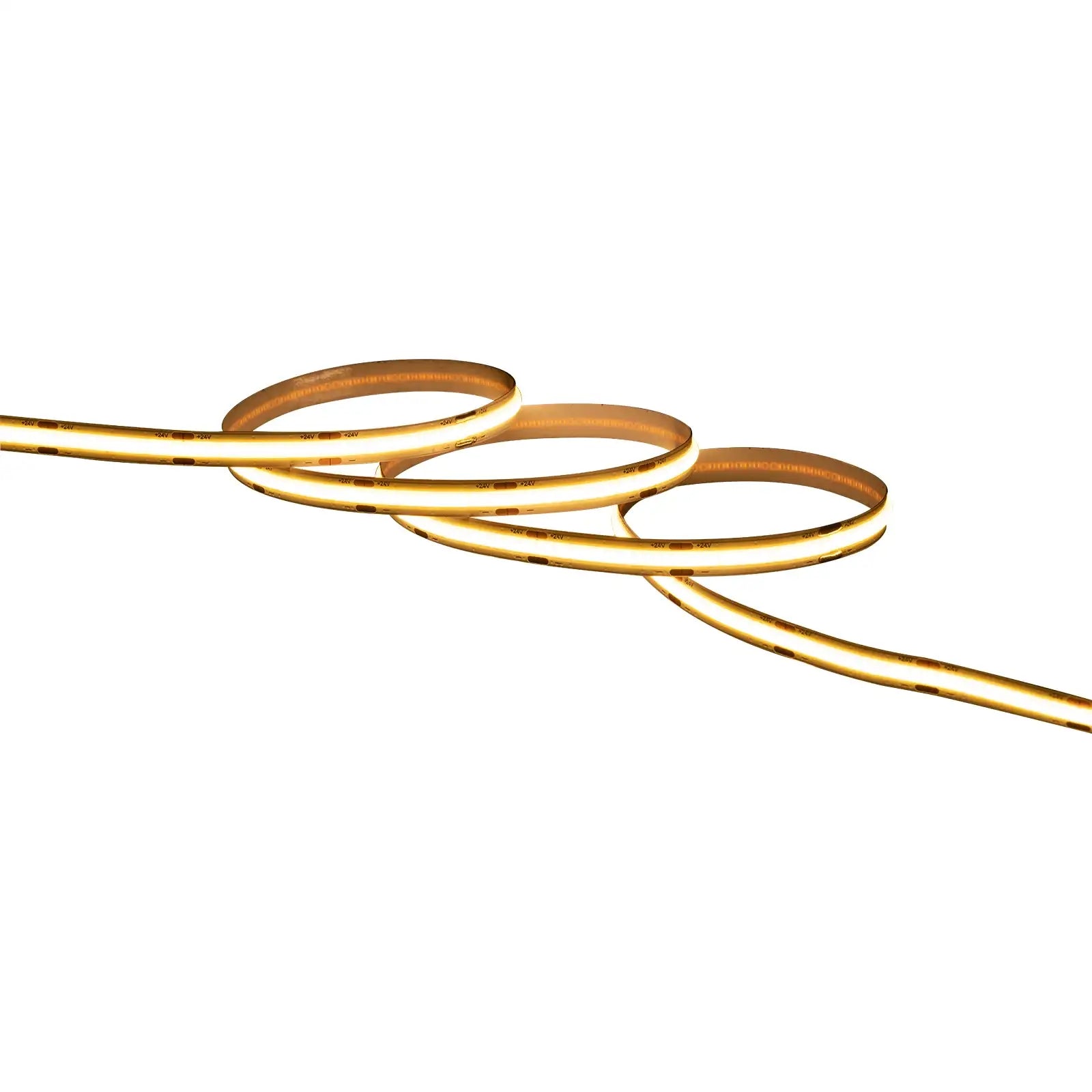 Flexible LED strip light emitting warm white glow on white background