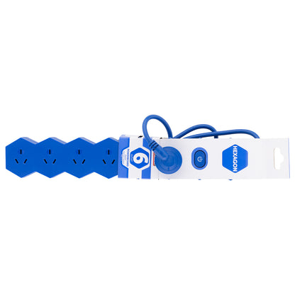 6 outlet blue powerboard – hex – stylish blue powerboard for electronics and media