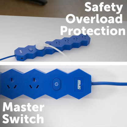 6 outlet blue powerboard – hex – stylish blue powerboard for electronics and media