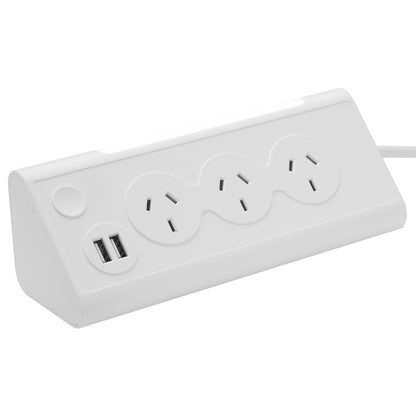 Triangle powerboard with 3 sockets, x2 USBs 2.1A and light – USB triangular extension board for desks