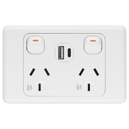 Arlec Double Power Point with USB A & C Charger for wall-mounted smart power