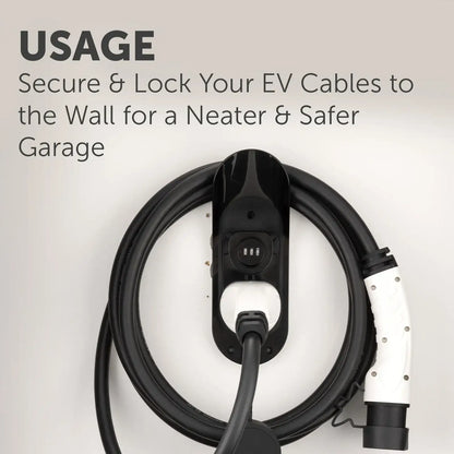 Arlec heavy duty lockable Type 2 EV charger cable holder mounted on wall with cable coiled