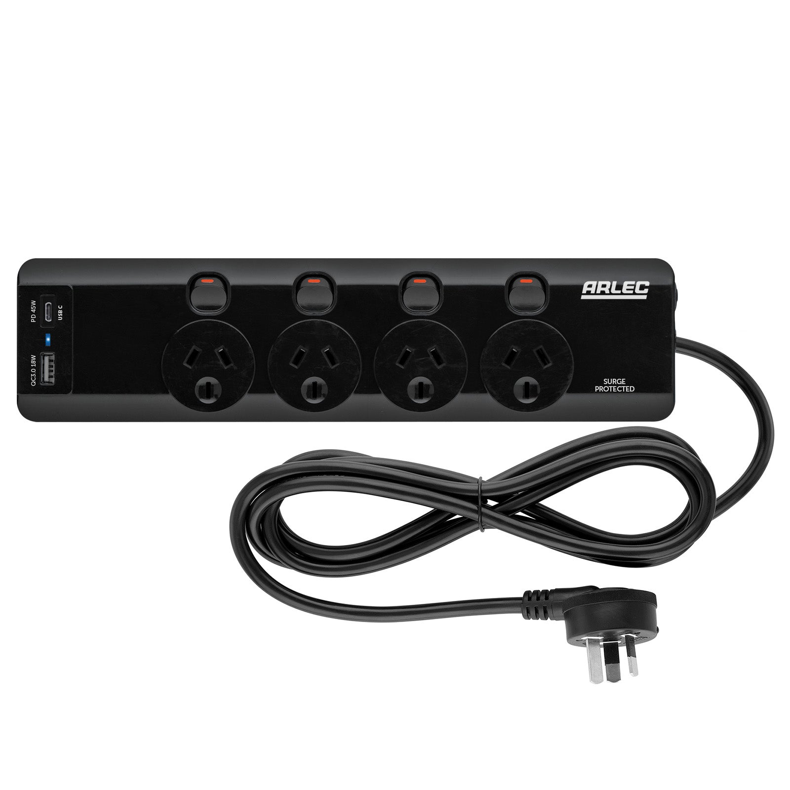 Arlec 4 Outlet Individually Switched Surge Powerboard with PD45W Rapid Charging USB A & C – powerboard with USB fast charging, surge protection, extension lead Australia