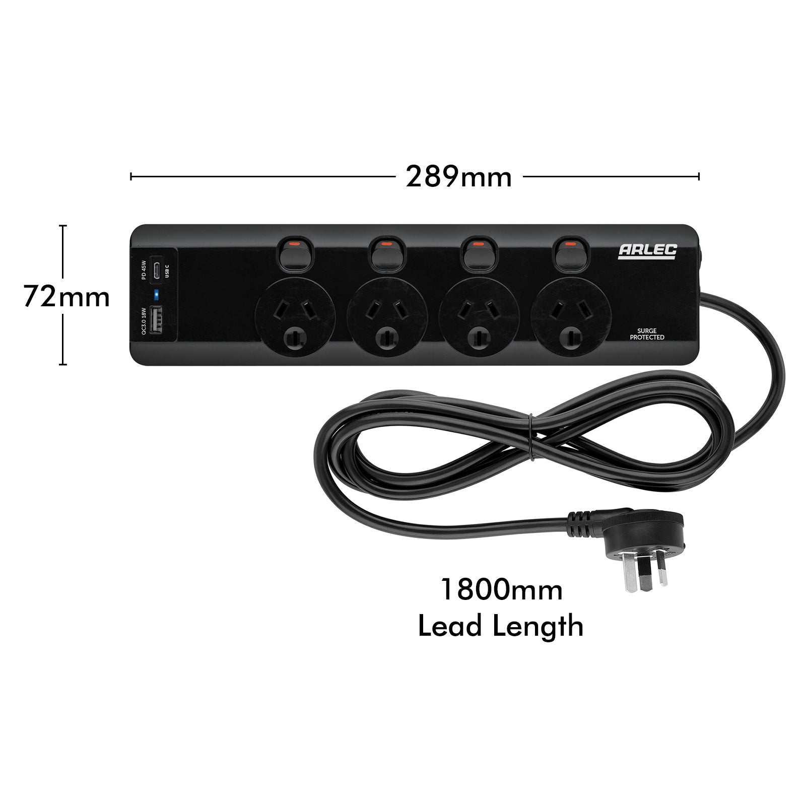 Arlec 4 Outlet Individually Switched Surge Powerboard with PD45W Rapid Charging USB A & C – powerboard with USB fast charging, surge protection, extension lead Australia