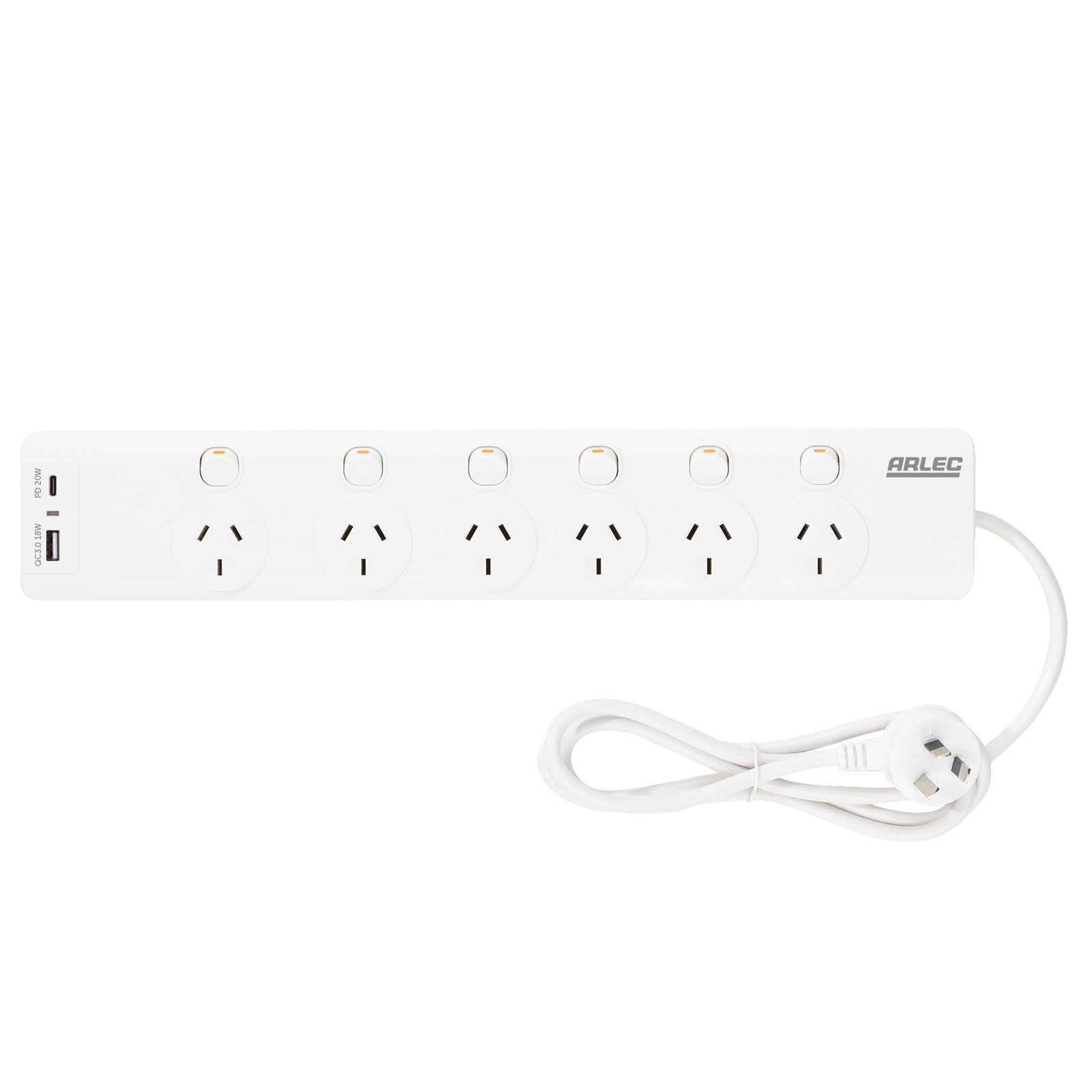 Arlec 6 Outlet Surge Protected Powerboard with PD20W Rapid Charging USBs - USB fast charging board, surge protected extension, 6 outlet home office board