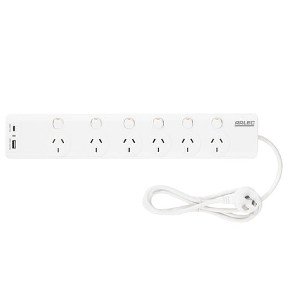 Arlec 6 Outlet Surge Protected Powerboard with PD20W Rapid Charging USBs - USB fast charging board, surge protected extension, 6 outlet home office board