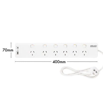 Arlec 6 Outlet Surge Protected Powerboard with PD20W Rapid Charging USBs - USB fast charging board, surge protected extension, 6 outlet home office board