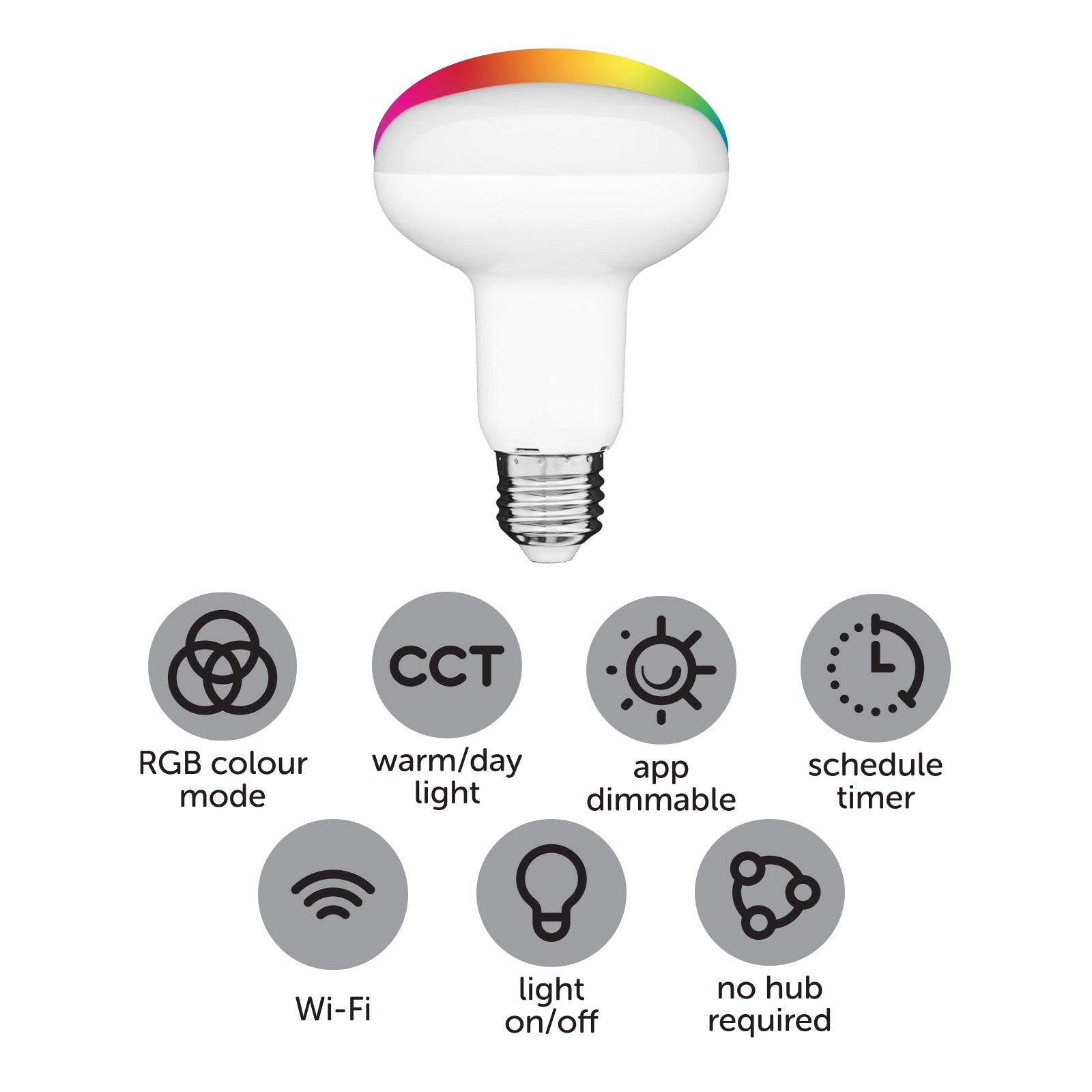 R80 smart LED globe with CCT colour modes, Wi-Fi control, Grid Connect app, and voice assistant compatibility