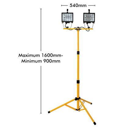 Twin 500W halogen worklight with tripod, IP44, outdoor construction lighting