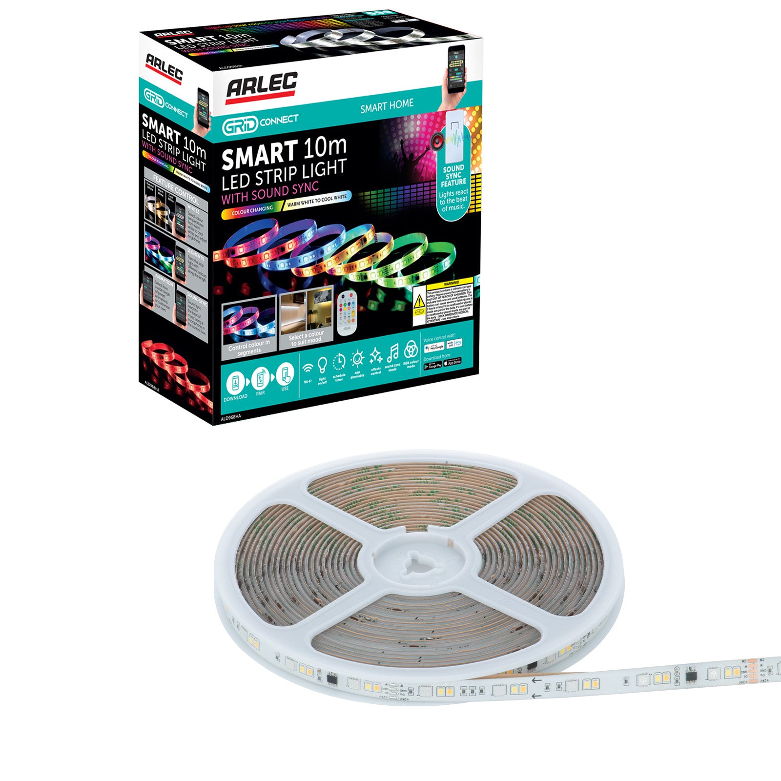 10m smart RGB LED strip light with sound sync, Wi-Fi control, music modes, and customizable segments