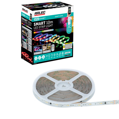 10m smart RGB LED strip light with sound sync, Wi-Fi control, music modes, and customizable segments
