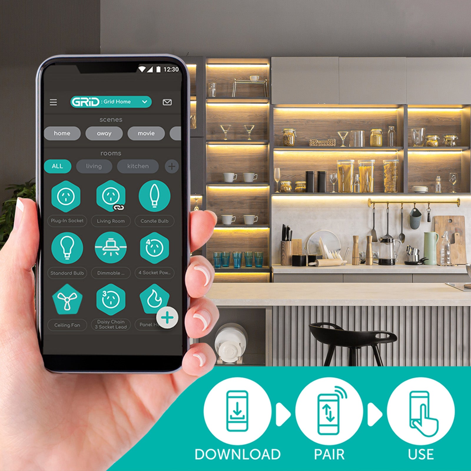 10m smart RGB LED strip light with sound sync, Wi-Fi control, music modes, and customizable segments