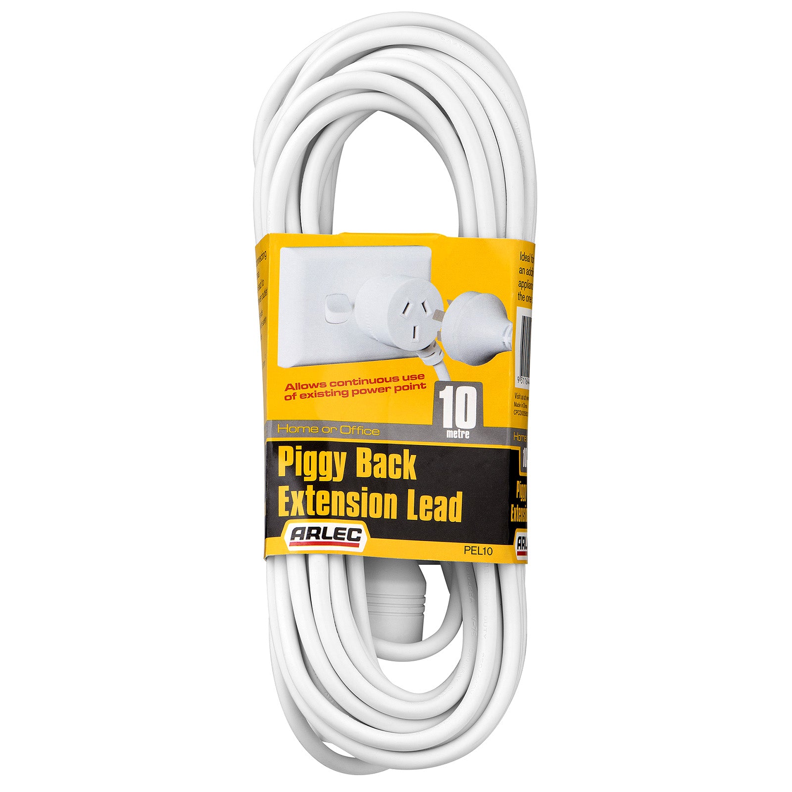 Arlec 10m piggyback extension lead – white cord with side entry plug