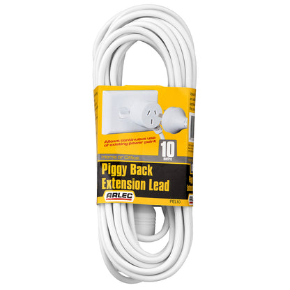 Arlec 10m piggyback extension lead – white cord with side entry plug