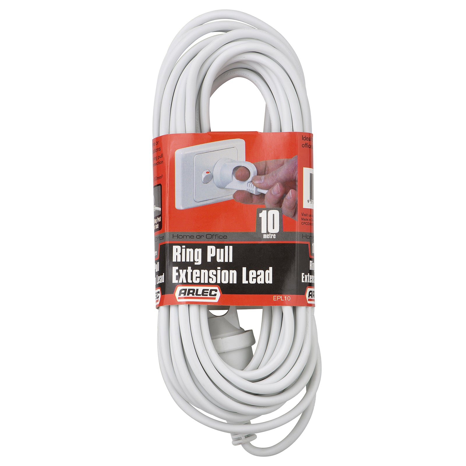10m white extension cord with ring pull plug – Arlec household use