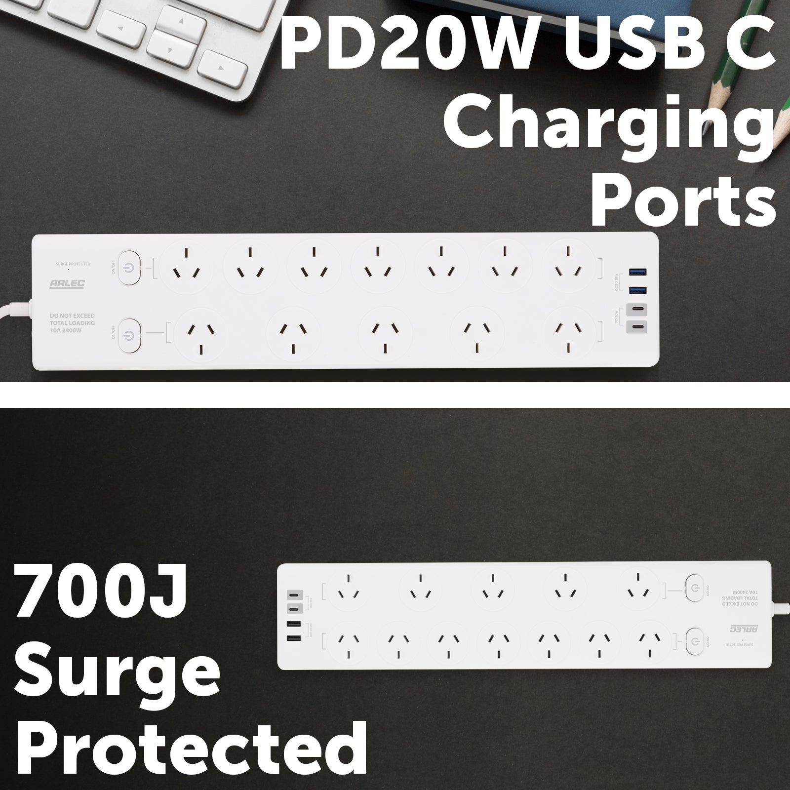 Arlec 12 Outlet Surge Protected Powerboard With PD20W Rapid Charging USB 2xA And 2xC - PD20W powerboard, USB charging strip, surge protected 12 socket board