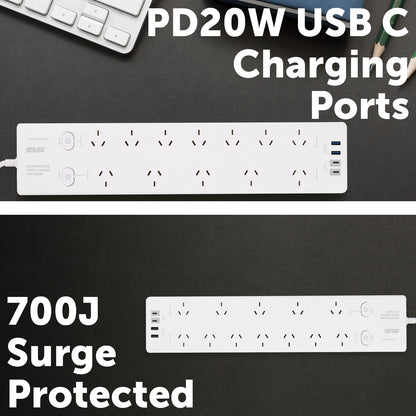 Arlec 12 Outlet Surge Protected Powerboard With PD20W Rapid Charging USB 2xA And 2xC - PD20W powerboard, USB charging strip, surge protected 12 socket board